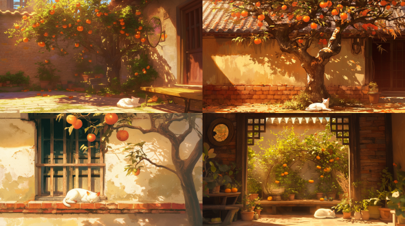 秋天一个午后，太阳暖暖的，院子里一棵柿子树长满了柿子，柿子从院子的砖墙上伸出来，一只纯白色的胖嘟嘟的猫咪在柿子树下懒洋洋的躺着，宁静祥和的氛围，秋天的气息，温暖的午后，老房子，照相写实主义，摄影感，电影感，超现实，高分辨率