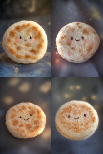 jellycat风格，一个羊毛扁平的烤饼，绒毛材质，毛绒绒，毛毡材质，干净光影背景，圆形毛茸茸，随机不规则微焦色斑，编织的细节薄饼吊坠，眼睛嘴在上微笑，它有可爱的短四肢，马卡龙配色，正面视角，平光，绒毛质感，可爱温暖。艺术的感觉，超细节，高分辨率