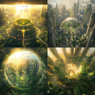 视角与构图‌： 采用鸟瞰视角，将整个穹顶城市尽收眼底。构图上，以穹顶的中心为焦点，向四周辐射出层层叠叠的绿色植被和错落有致的建筑。 ‌色彩与光影‌： 色彩上，以清新的绿色为主色调，搭配透明的穹顶结构和金色的阳光，营造出一种生机勃勃而又不失科技感的氛围。 光影上，阳光透过透明的穹顶，洒落在植被和建筑上，形成斑驳的光影效果。同时，利用逆光拍摄，突出植被的层次感和立体感。 ‌细节与元素‌： 穹顶结构上，采用透明的transformer架构，既能够支撑整个城市的重量，又能够让阳光和空气自由流通。 植被上，垂直农场种植着各种作物，从低矮的草本植物到高大的树木应有尽有。生态花园中则布置着各种花卉和观赏植物，为城市增添了一抹亮丽的色彩。 建筑上，采用环保材料和智能设计，既能够满足人们的居住和工作需求，又能够与自然环境和谐共生。 ‌动态与氛围‌： 画面中，无人机在穹顶之间穿梭，为城市提供着各种服务。同时，微风拂过植被，带来一丝丝凉意和清新的空气。 整体上，营造出一种宁静而又不失活力的氛围，让人仿佛置身于一个未来版的世外桃源。
