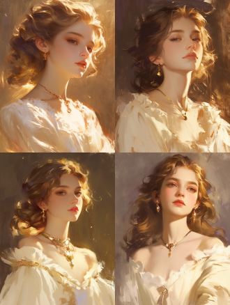 法国少女肖像，复古礼服，华丽首饰，金色发髻，闪亮眼睛，瓷白皮肤，柔光朦胧，金粉飘落，高光细节，暖色调，中焦镜头，自然光，优雅姿态，梦幻氛围，细腻质感。 油画 干净背景 头部特写 黑白 柔光 环境光 背光 暖光