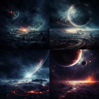 宇宙边缘黑暗星球诡异光芒星云环绕，深空背景，超现实风格，暗色调，长焦镜头，背光，神秘氛围，星际元素，幽暗光芒，神秘感。