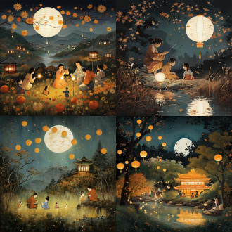 在这个中秋节的场景中，透明的月光洒落在柔和的草地上，点状的灯笼如繁星般闪烁，营造出温暖而梦幻的氛围。明亮的圆月高悬，映照着细腻的家庭团聚，亲友们的笑声在夜空中回荡。微风轻轻拂过，带来阵阵秋香，仿佛在诉说着团圆的故事。 灯笼的光辉与朦胧的星空相映成趣，整个画面充满了生动的色彩与情感。丰富的传统元素，如香气扑鼻的月饼和优雅的传统服饰，使得场景更显文化底蕴。细腻的笔触描绘出人物的笑容，流动的线条展现出温暖的亲情，营造出一个宁静而美好的中秋夜。这幅画不仅是对节日的庆祝，更是对团圆和美好生活的向往与祝福。