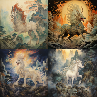 在这幅描绘穷奇的画作中，神秘的光辉透过高耸的昆仑山，照亮了这只威猛的生物。穷奇的身形融合了细腻与凶猛，透明的毛发在月光下闪烁着神秘的光泽，营造出朦胧而又生动的气氛。它的眼睛如星辰般明亮，流动的线条勾勒出它的优雅与力量，令人既感到敬畏又充满好奇。 周围的环境则充满了对比鲜明的色彩，金色的月光与深邃的夜空交织在一起，形成了一幅和谐美丽的画面。细致的笔触展示了山脉的巍峨和植物的繁茂，微风轻拂，带来了一丝神秘的气息。这个场景不仅表现了穷奇的凶猛与优雅，也传递了人与自然之间深刻的联系与挑战，仿佛在诉说着古老神话中的传奇故事。 灯笼的光辉与朦胧的星空相映成趣，整个画面充满了生动的色彩与情感。丰富的传统元素，如香气扑鼻的月饼和优雅的传统服饰，使得场景更显文化底蕴。细腻的笔触描绘出人物的笑容，流动的线条展现出温暖的亲情，营造出一个宁静而美好的中秋夜。这幅画不仅是对节日的庆祝，更是对团圆和美好生活的向往与祝福。