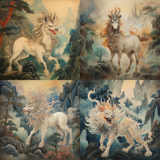 在这幅描绘穷奇的画作中，神秘的光辉透过高耸的昆仑山，照亮了这只威猛的生物。穷奇的身形融合了细腻与凶猛，透明的毛发在月光下闪烁着神秘的光泽，营造出朦胧而又生动的气氛。它的眼睛如星辰般明亮，流动的线条勾勒出它的优雅与力量，令人既感到敬畏又充满好奇。 周围的环境则充满了对比鲜明的色彩，金色的月光与深邃的夜空交织在一起，形成了一幅和谐美丽的画面。细致的笔触展示了山脉的巍峨和植物的繁茂，微风轻拂，带来了一丝神秘的气息。这个场景不仅表现了穷奇的凶猛与优雅，也传递了人与自然之间深刻的联系与挑战，仿佛在诉说着古老神话中的传奇故事。 灯笼的光辉与朦胧的星空相映成趣，整个画面充满了生动的色彩与情感。丰富的传统元素，如香气扑鼻的月饼和优雅的传统服饰，使得场景更显文化底蕴。细腻的笔触描绘出人物的笑容，流动的线条展现出温暖的亲情，营造出一个宁静而美好的中秋夜。这幅画不仅是对节日的庆祝，更是对团圆和美好生活的向往与祝福。