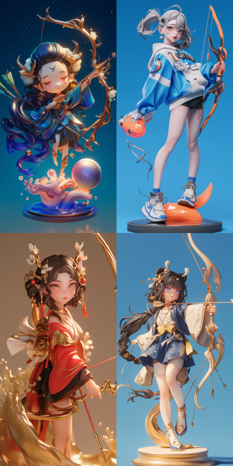 可爱女孩ip，泡泡玛特制作，手持弓箭，星座主题，射手座，3d模型，盲盒玩具，光泽细腻，干净背景，大瓶子，3d渲染，最佳质量，8k，服装细节，表情生动，色彩鲜艳，动作优雅，立体感，高光，阴影，细节丰富，色彩对比，明亮，优雅，神秘，力量感，未来感，科技感，细腻材质，精致工艺，高端品质，收藏价值。