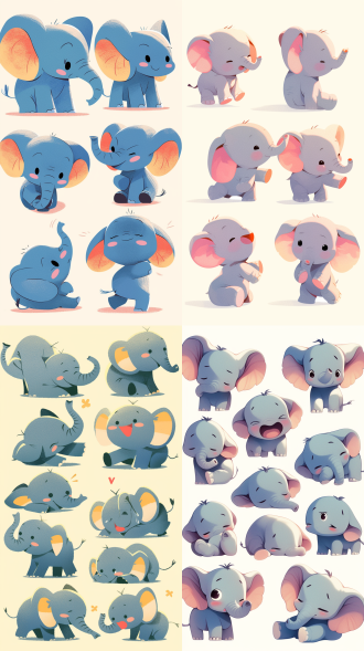 大象宝宝吉祥物，多姿势表情，开心伤心生气，纯线插图，纯色填充，圆胖可爱，简洁线条，明亮色彩，商业广告，卡通插画，品牌形象，动态捕捉，平面设计，柔和光线，温馨氛围，亲和力，活泼生动