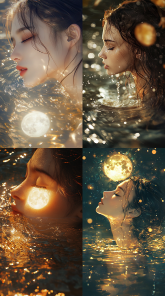 正是初秋，月亮爬上来，露出半张美人脸，月光落在清凌凌的水面上，一盆水琥珀似的， 暖光 远景透视