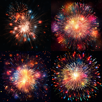 烟花绽放，中心构图，夜空中，绚丽多彩，广角镜头，仰拍，暖色调，色彩丰富，强光，爆炸，盛大，欢乐。