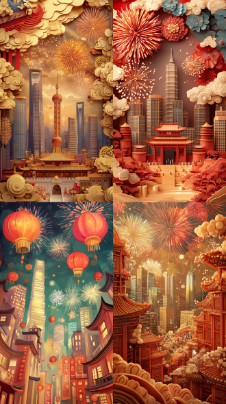 插画立体浮雕，中国风格，元旦喜庆场景，背景烟花璀璨，高楼林立，广角镜头，自然光，暖色调，细节丰富，欢快，喜悦