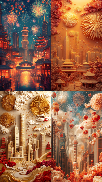 插画立体浮雕，中国风格，元旦喜庆场景，背景烟花璀璨，高楼林立，广角镜头，自然光，暖色调，细节丰富，欢快，喜悦
