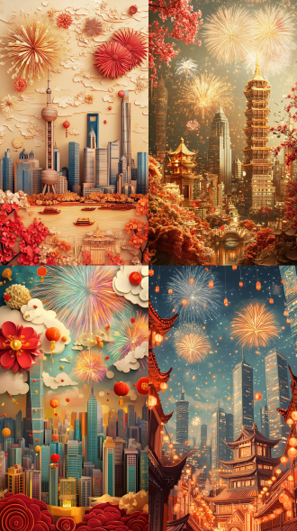 插画立体浮雕，中国风格，元旦喜庆场景，背景烟花璀璨，高楼林立，广角镜头，自然光，暖色调，细节丰富，欢快，喜悦