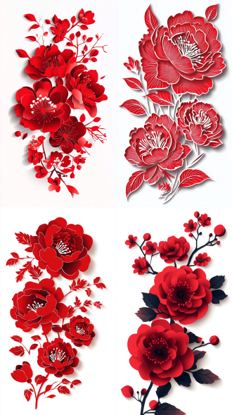矢量花元素在白色背景，大花重叠，传统中国剪纸风格，喜庆。红色主调，简洁构图，正面光，扁平插画风格，剪纸质感，细节完美