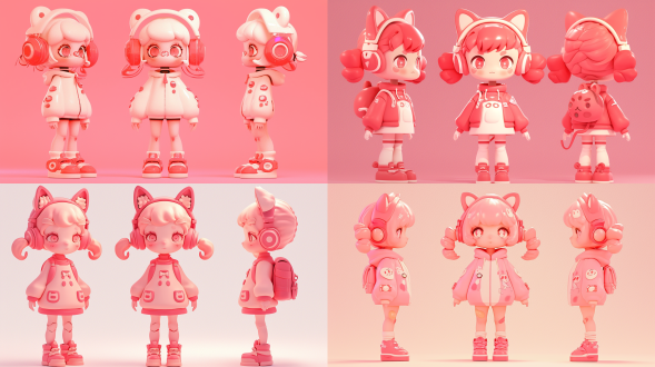 全身生成三个视图，即正面视角、左面视角和后面视角，q版，三头身，可爱，简约服饰，动物拟人，红色主色调full body, enerate three views, namely the front view the side view abd the back view, super cute girl ip by pop mark, colorful, plastict ransparent, soft lighting, glowing body,mockup, blind box toy,fine luster,clean background, 3d render, oc render, best quality 4k, ultra detailed, crazy details