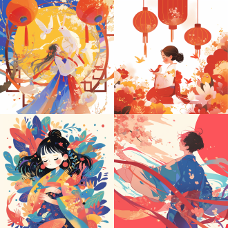 春节剪纸表演，插画，简约背景，水彩风格