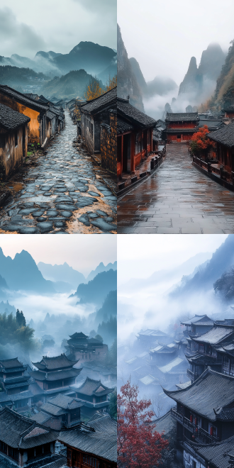 隐云村，群山环绕，云雾缭绕，古村落，神秘氛围，传统建筑，广角镜头，自然光，柔和色调，静态，神秘感，上帝视角。