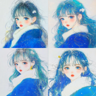 蓝色头发大波浪发型女孩，白色发夹，蓝色衣服，白色围巾，雪花飘落，甜美忧郁，雪地背景，展览目录封面，彩色铅笔素描风格，naoko takeuchi和张书旗灵感，redshift渲染器，油画质感，梦幻美学，1980动漫风格，女性悟空形象，柔和色彩，细腻线条，梦幻场景，柔和光线，细腻质感，梦幻氛围，细腻表情，柔和色调，梦幻情感。