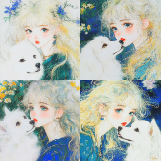 黄色头发的卷发女孩，鼻尖轻吻白色萨摩耶，侧脸甜美忧郁，花丛背景，展览目录封面，彩色铅笔素描风格，美少女脸部，naoko takeuchi和张书旗启发，redshift渲染器，油画质感，梦幻美学，1980动漫风格，女性悟空形象，柔和色彩，细腻线条，梦幻场景，柔和光线，细腻质感，梦幻氛围，细腻表情，柔和色调，梦幻情感。