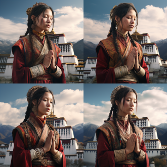 一个西藏小女孩，站在布达拉宫前面祈祷，穿着藏族服饰，高清摄影，高度细致，高清