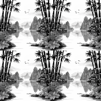 鸟在竹林中飞翔，竹子茂密，叶子繁多，山石环绕，群山连绵，黑白色水墨画，国画山水，居中构图，史诗般的水墨，中国传统元素，极度细节，高清，广角镜头，柔和光线，动态模糊，宁静，自然，传统，史诗。