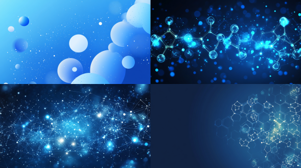 科学背景， 生物化学插图， 漂浮分子，纯蓝色背景，透明干净