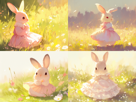 小兔子穿裙子，田园风光，柔和光线，草地上，长焦镜头，正面光，静态，可爱，粉色，温馨。