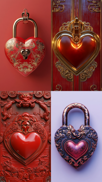 中国风，同心锁，金属材质，图腾花纹，纯色浅色背景，3d立体，高清细节无虚化，4k，正面光，中心构图，简洁，高饱和度，精致。