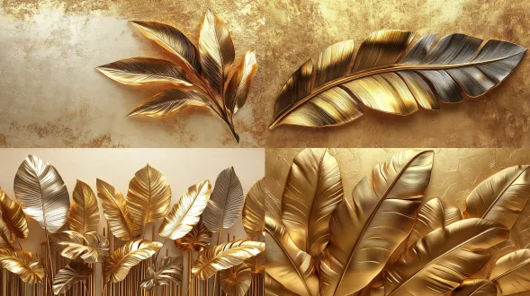 plantain leaf， golden leaves, 3d stereoscopic, gold foil background, simple composition, regular arrangement，white solid color background, 3d stereoscopic, 4k high-definition, front light, high saturation, exquisite feeling.-ar 100:33