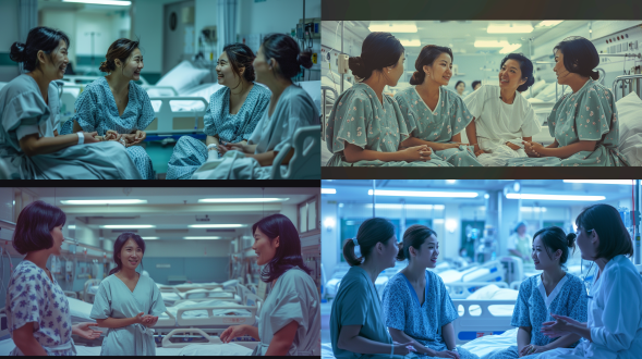 四个亚洲女人穿病号服在病房乐观聊天，病床为背景，居中构图，冷色调，标准镜头，柔和顶光，平静，微笑，坚强。