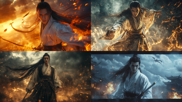 中国古代年轻男子，长发古装，线条清晰，超8k，cg图，霸气，超现实，强壮身体，英雄气概，电闪雷鸣，手持长剑，负手而立，地面符文，天上飞龙，震撼，仰视镜头，玄幻效果，超逼真，高对比度，广角镜头，侧光，快速快门，跳跃，紧张，暖色调，广角镜头，侧光，快速快门，跳跃，紧张。