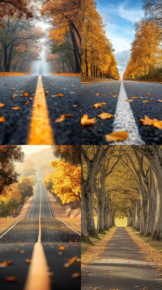 摄影风景远景秋日笔直大路，路两旁有树落叶满地金色，电影级光影，广角镜头，自然光，柔和色调，宁静温暖，远景细节丰富层次感强。
