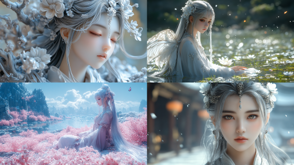 2. 5 d cgi anime fantasy artwork, elegant lady with alabaster skin, ( ( character concept art ) ), white blossoms, oc rendered, unreal engine lumen, statue of the perfect woman, harmony of butterfly, medibang, long silver hair with a flower, full body wuxia, artdoll, highly realistic and intricate