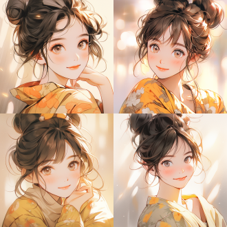 bun, single eyelid girl, smile, half-body portrait, soft lighting, warm tones, cartoon style, hand-drawn style, front view, bright colors, joyful expression, rich in detail, high saturation, soft shadows, delicate brushstrokes, cozy atmosphere, frontal lighting, bright background, cute hairstyle, exquisite accessories, warm smile, delicate skin, bright eyes, soft contours, warm setting, delicate textures, bright colors, joyful mood.,,in clothes