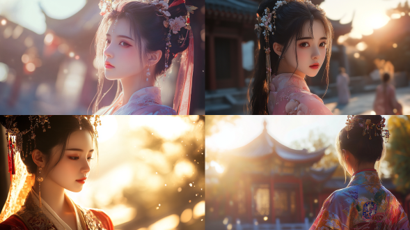古代建筑背景，人物特写，中国美女，汉服，逆光
