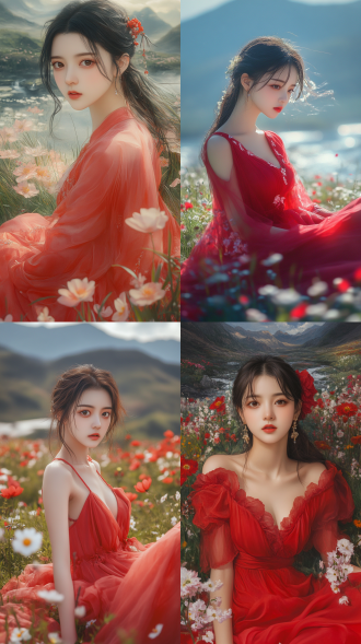 20岁中国女孩，大眼睛，樱桃小嘴，精致脸庞，红色纱裙，坐在草地上，凝视前方，花海，溪流，山脉，9:16比例，50混沌，6风格，自然光，柔焦，广角镜头，暖色调，宁静，优雅。