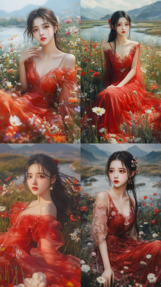 20岁中国女孩，大眼睛樱桃嘴，精致脸庞，红色纱裙，坐在草地上，凝视前方，花海，溪流，远山，9:16比例，50混沌，4风格，自然光，柔和色调，广角镜头，宁静，优雅，梦幻。
