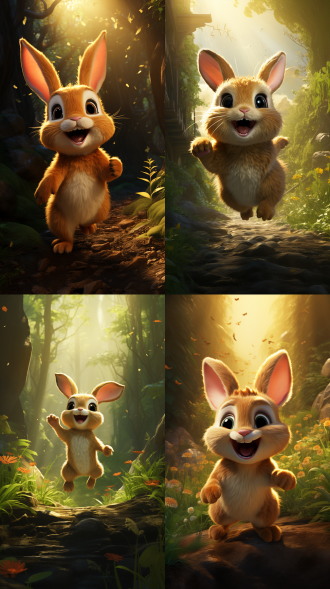 a cute little rabbit named. anby anby joyfully jumping in the sunlight, the forest filled with sunlight and song.the scene is rendered in the style of pixar with high detail, high resolution, bright colors
