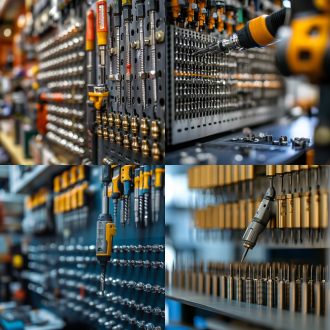 直线气动螺丝刀拧螺丝的场景，在工厂里面，背景是虚化的摆放很多工具墙