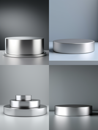 3d渲染、低矮金属圆柱展台用于展示产品，银灰纯色背景，产品场景 抛光