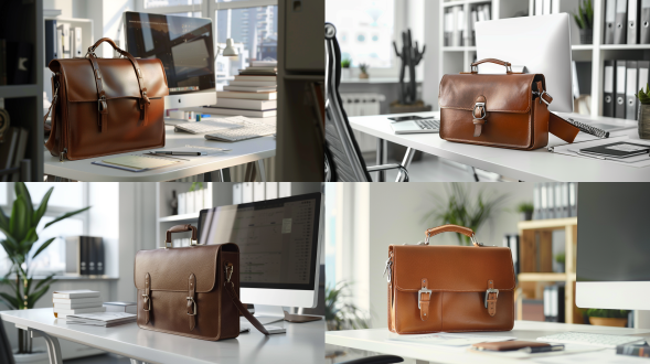 一个棕色的公文包,摆在白色的办公桌上,电脑桌上拜访了电脑,文件夹,中特写角度,白色调,场景干净清爽,写实风格