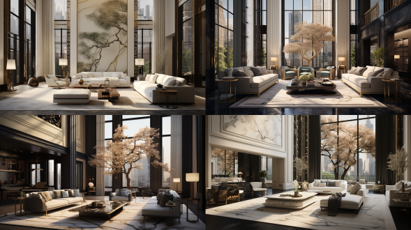 luxury condo interior, inspired by wu zhen, on madison avenue, detailed renderings, gilded details, architecture digest, 2019, ivory and black marble, white ceiling, inspired by emperor huizong of song, tall minimalist skyscrapers, modernist design