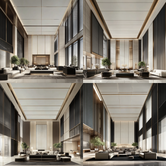luxury hotel lobby interior, inspired by wu zhen, on madison avenue, detailed renderings, gilded details, architecture digest, 2019, ivory and black marble, white ceiling, inspired by emperor huizong of song, tall minimalist skyscrapers, modernist design