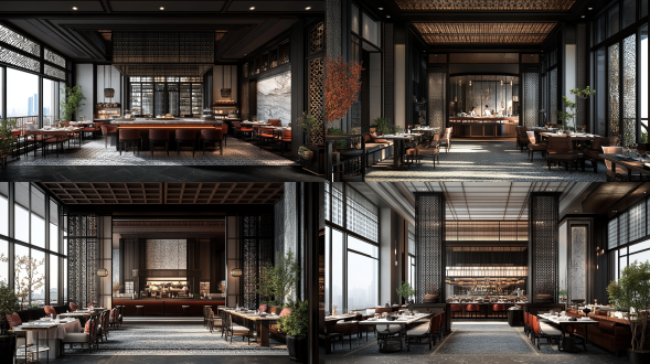 inside the hotel, on the fifth floor,detailed renderings, michelin starred restaurant, inspired by guan daosheng, romanesque, trending on artstartion, phoenix rising from the ashes, maximalist details, yet unrecognizable, romanesque style, winner of design award, by david garner, desaturated and muted colors, black fork