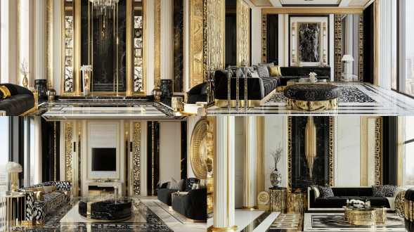 luxury condo interior, inspired by wu zhen, on madison avenue, detailed renderings, gilded details, architecture digest, 2019, ivory and black marble, white ceiling, inspired by emperor huizong of song, tall minimalist skyscrapers, modernist design