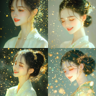 金粉世家，古风美女，自然光，柔和色调，微距镜头，逆光，静态，温暖，亲切，古典庭院，长裙，微笑，细腻肌肤，金色发饰，花瓣飘落，温馨氛围，柔焦效果，浅景深，细腻质感，古典韵味。