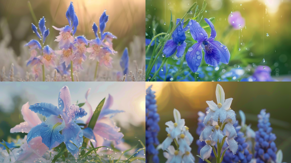 草地上几簇醉蝶花，自然光，近景，娇艳欲滴，三分构图，早晨，露珠，浅景深