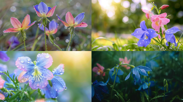 草地上几簇醉蝶花，自然光，中景，娇艳欲滴，三分构图，早晨，露珠，