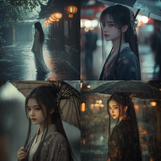 忧郁的中国女孩在雨中独自行走，长发飘逸，忧郁表情，传统服饰，柔和光线，长镜头，广角镜头，低对比度，冷色调，孤独，沉思。