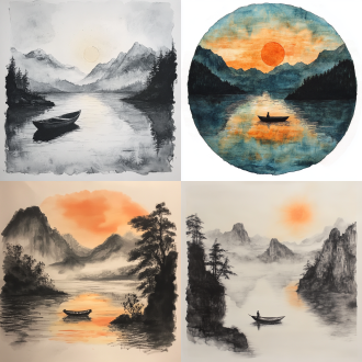 山水水墨画，小船，河流，夕阳