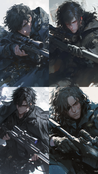 男人，黑发，微分碎盖，冷漠表情，黑色风衣，巴雷特狙击枪，半身像，暗色调，冷光，高对比度，阴影，细节清晰，专注，紧张，压迫感。