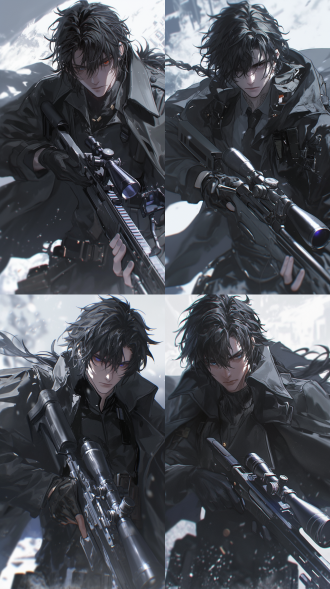 男人，黑发，微分碎盖，冷漠表情，黑色风衣，巴雷特狙击枪，半身像，暗色调，冷光，高对比度，阴影，细节清晰，专注，紧张，压迫感。